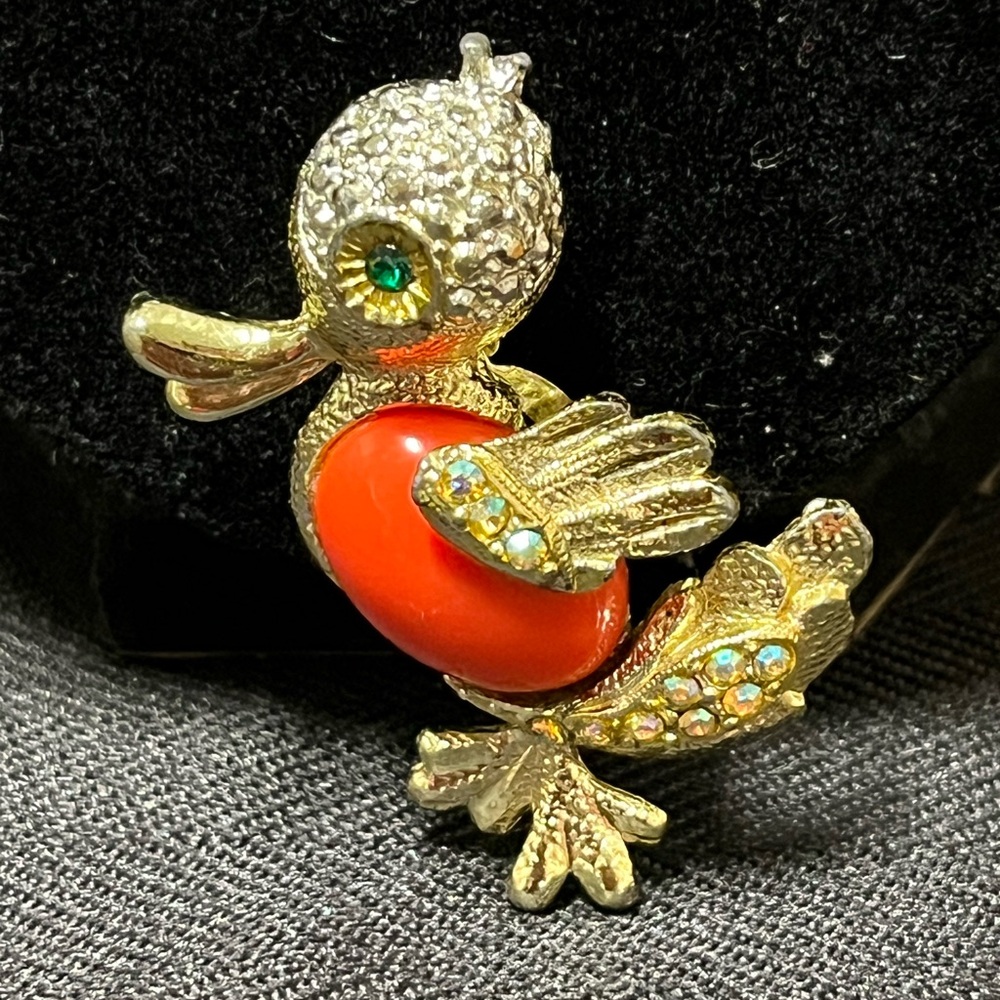 Duck Brooch Orange Cabochon with Aurora Borealis stones  Vintage